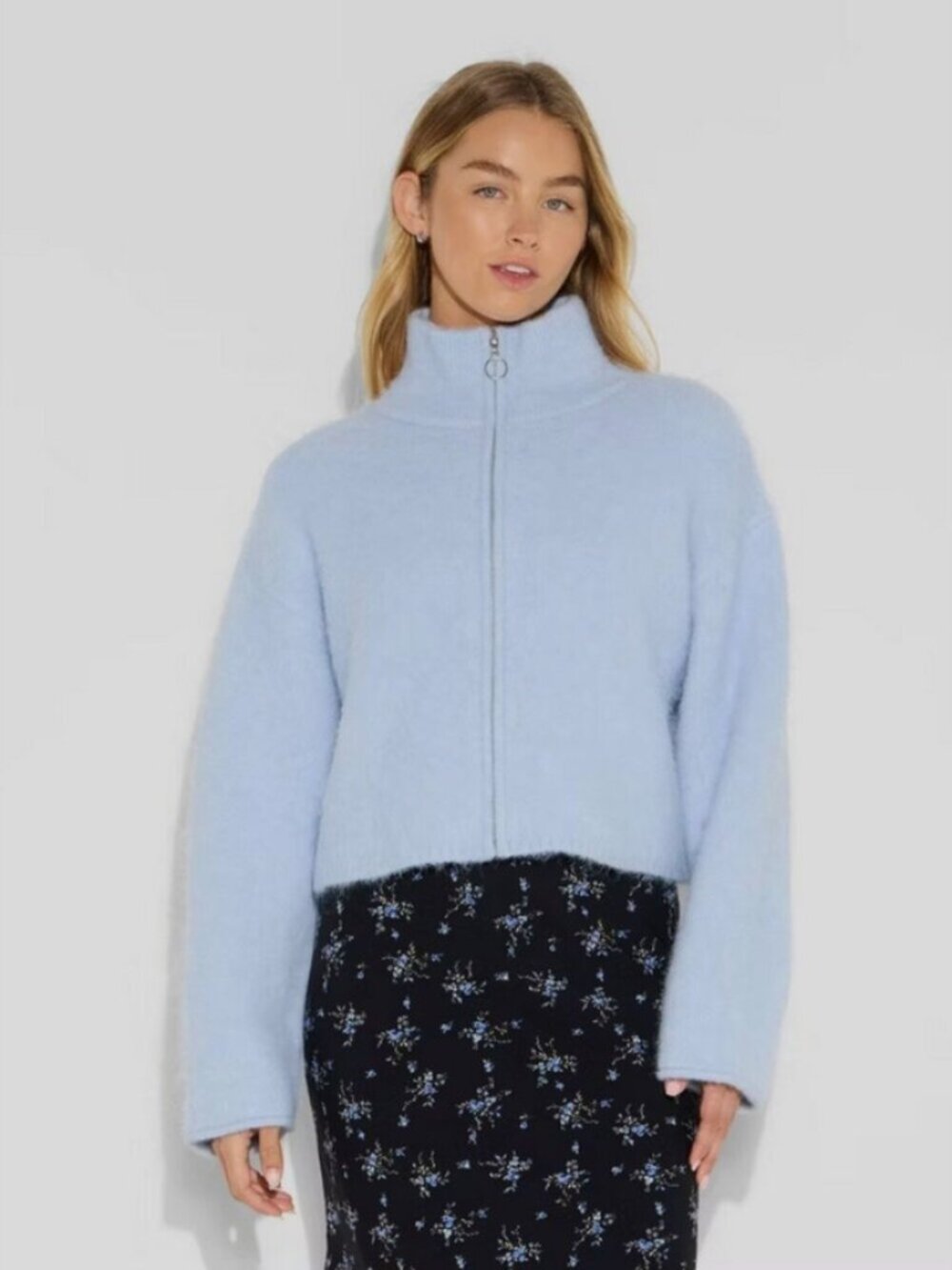 Wild Fable Womens Full Zip Mock Turtleneck Cardigan Light Blue M New